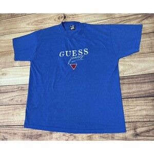 Vintage Guess Jeans Embroidered Logo 90s T Shirt Blue Size XL Fruit Of The Loom